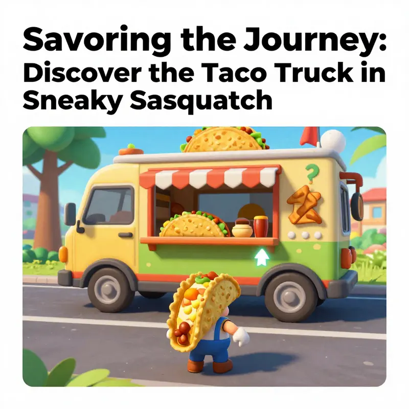 The taco truck in its prime, set amidst the lively ambiance of Sneaky Sasquatch’s town.