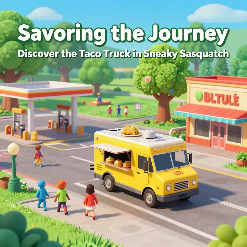 The taco truck in its prime, set amidst the lively ambiance of Sneaky Sasquatch’s town.