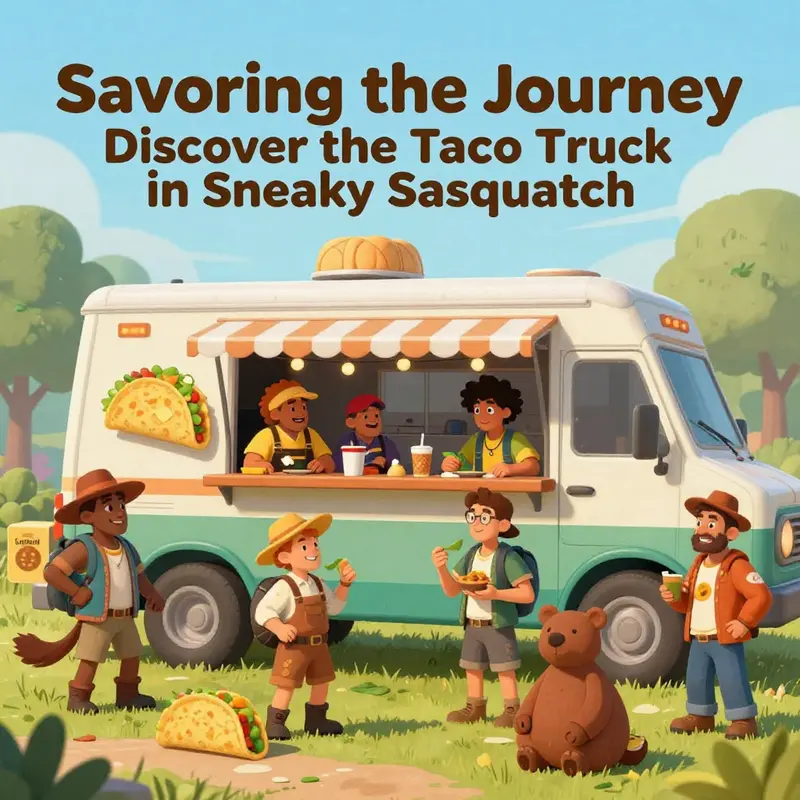 The taco truck in its prime, set amidst the lively ambiance of Sneaky Sasquatch’s town.