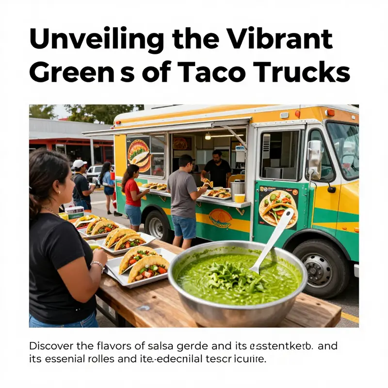 A lively taco truck with customers interacting and vibrant tacos alongside salsa verde.