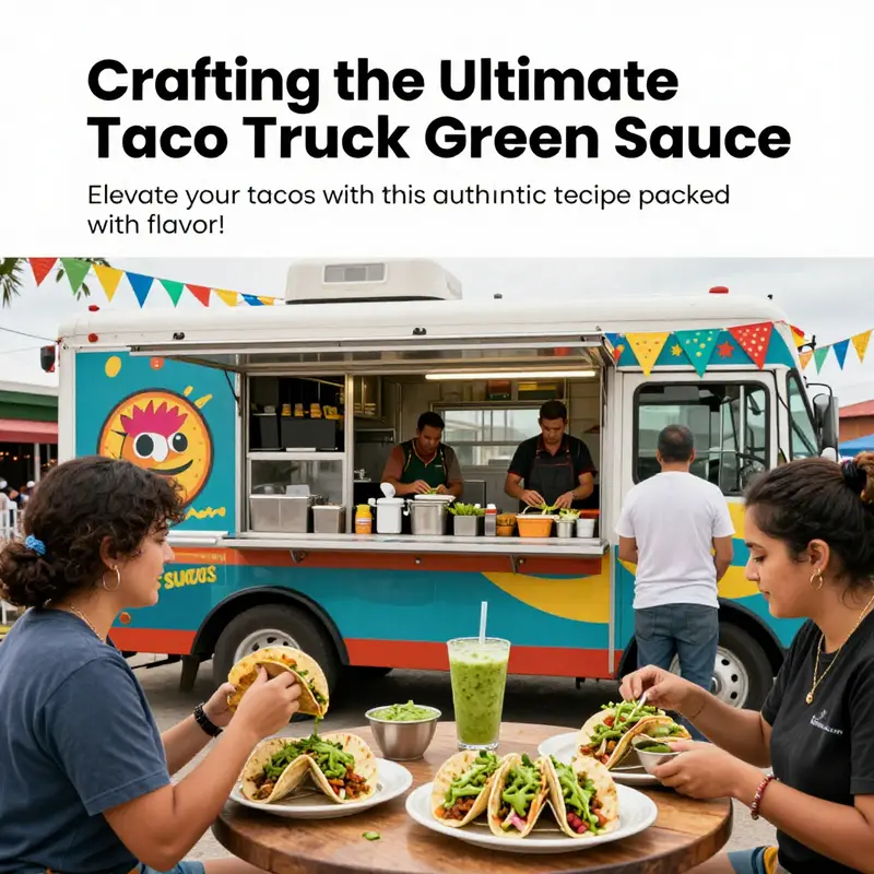 A lively taco truck scene with people enjoying tacos topped with fresh green sauce.