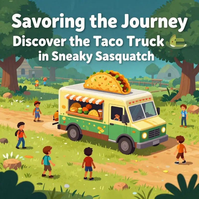 The taco truck in its prime, set amidst the lively ambiance of Sneaky Sasquatch’s town.