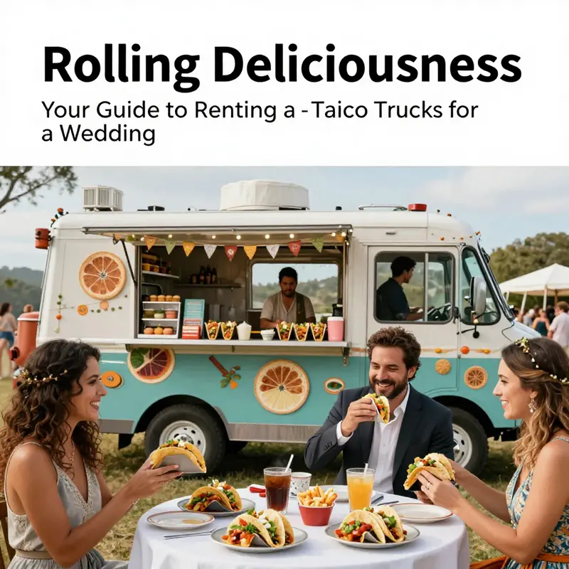 Guests celebrating at a wedding, delighting in tacos served from a colorful taco truck.