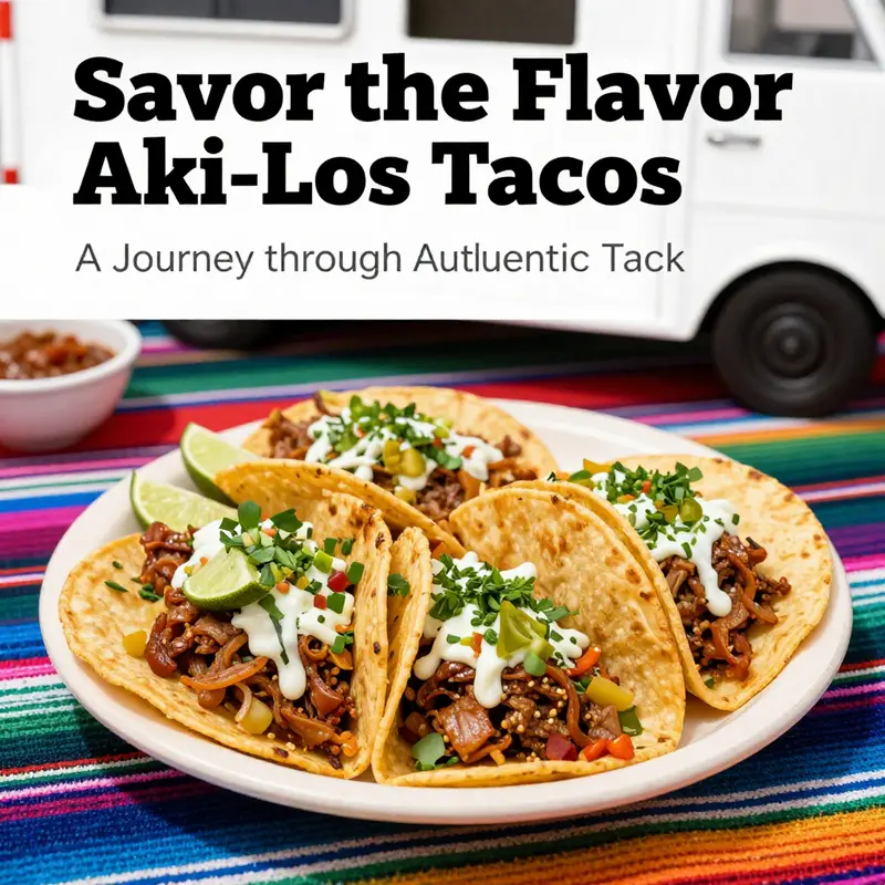 A plate filled with colorful, authentic tacos from Aki-Los Tacos Truck, decorated with fresh ingredients and vibrant colors.