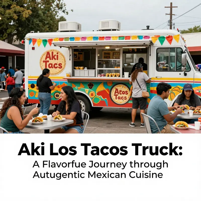Customers savor delicious tacos from Aki Los Tacos Truck in a vibrant outdoor setting.
