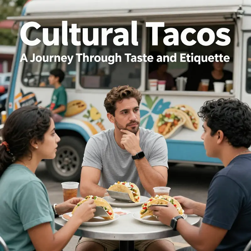 A joyful experience of a white man relishing tacos among a diverse crowd at a taco truck.