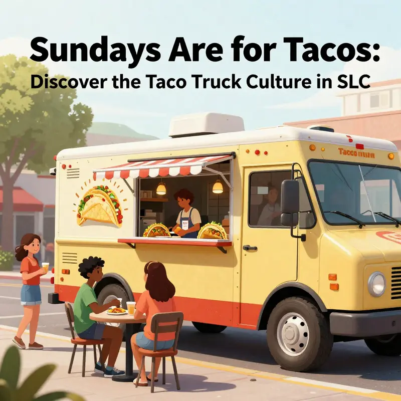 A lively taco truck scene capturing the essence of SLC’s food culture on a sunny Sunday.