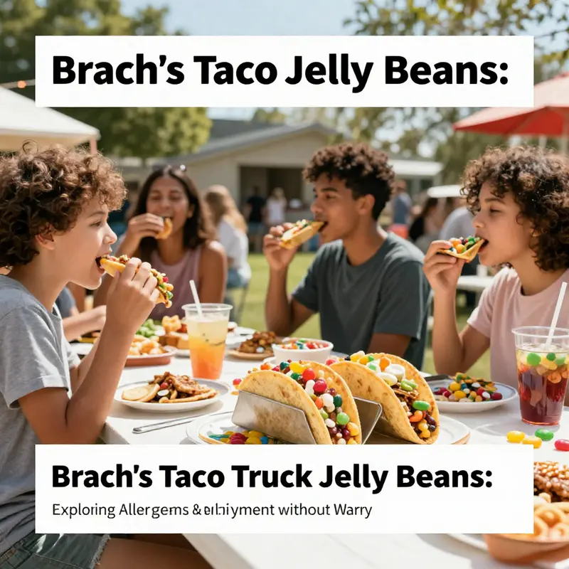 A cheerful outdoor party with tacos and jelly beans being enjoyed by guests under sunny skies.