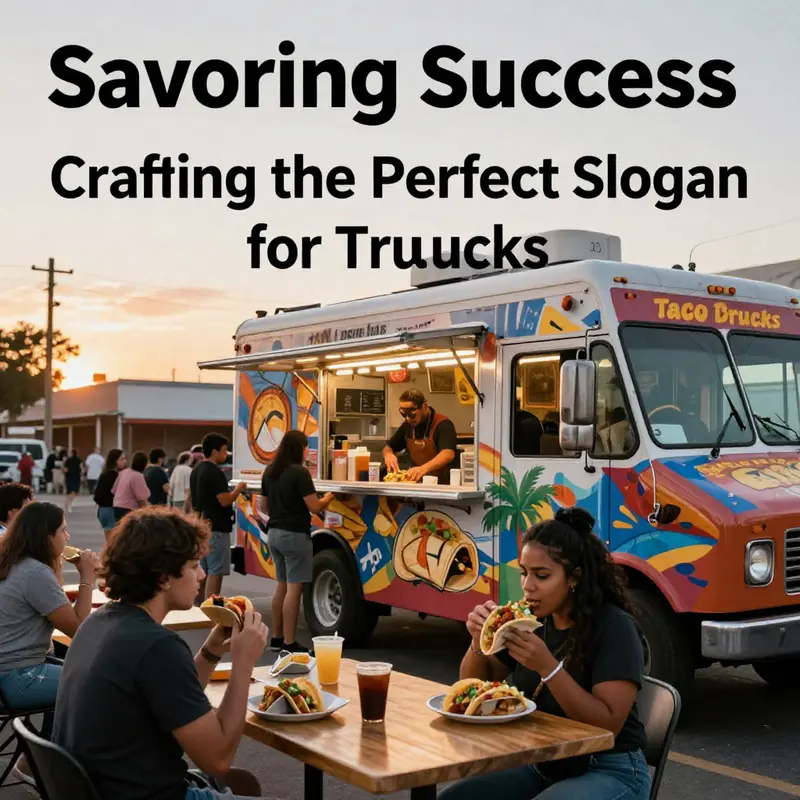 A lively taco truck at sunset, filled with happy customers enjoying their meals.