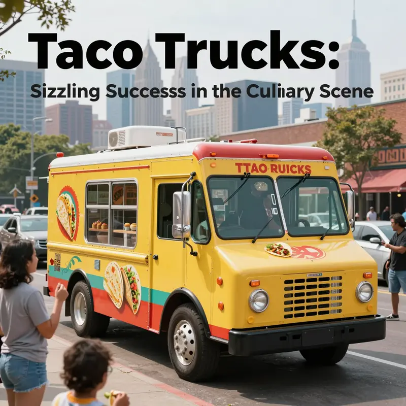 A bright taco truck in a busy city street with delighted customers indulging in tasty tacos.