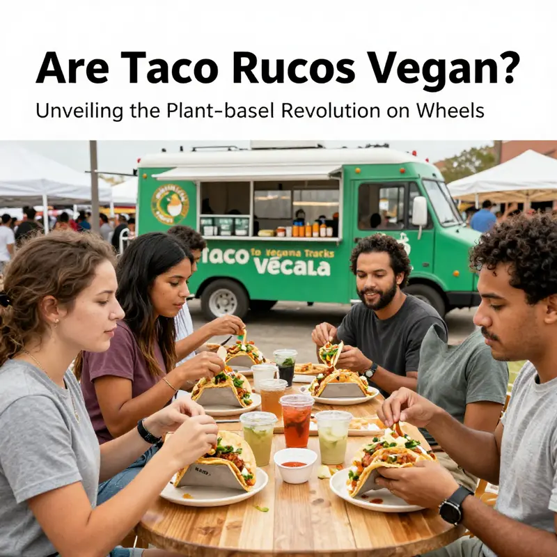 A bustling vegan taco truck serving a diverse selection of plant-based meals.