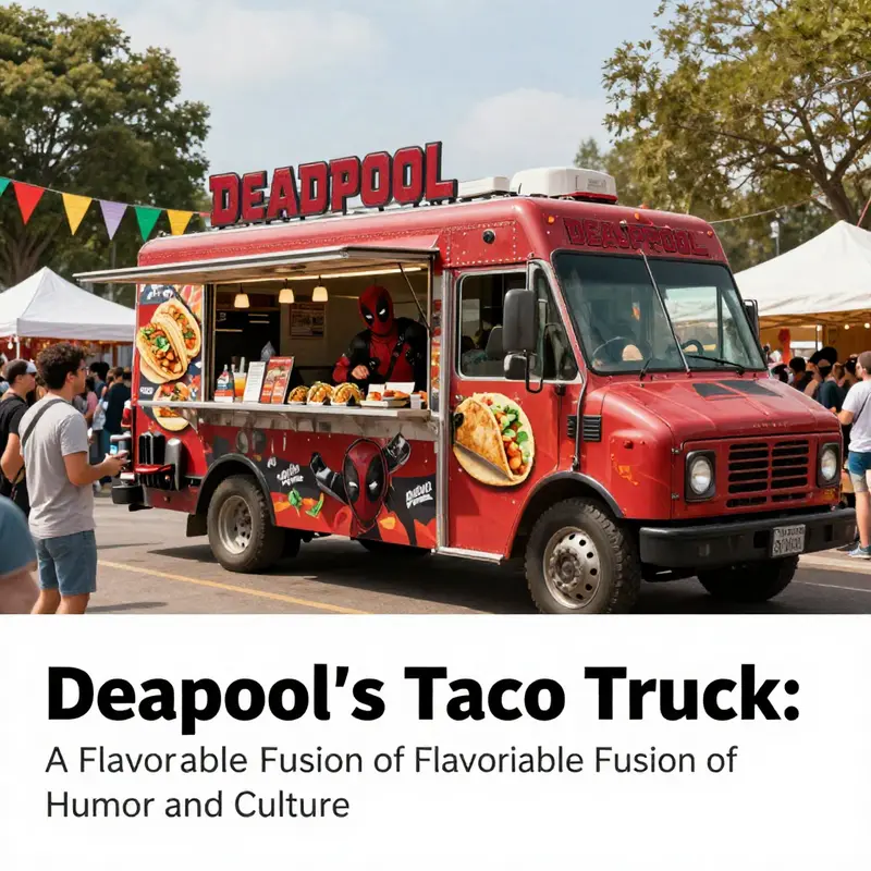 The Deadpool taco truck at a food festival full of enthusiastic fans enjoying tacos and celebrating.