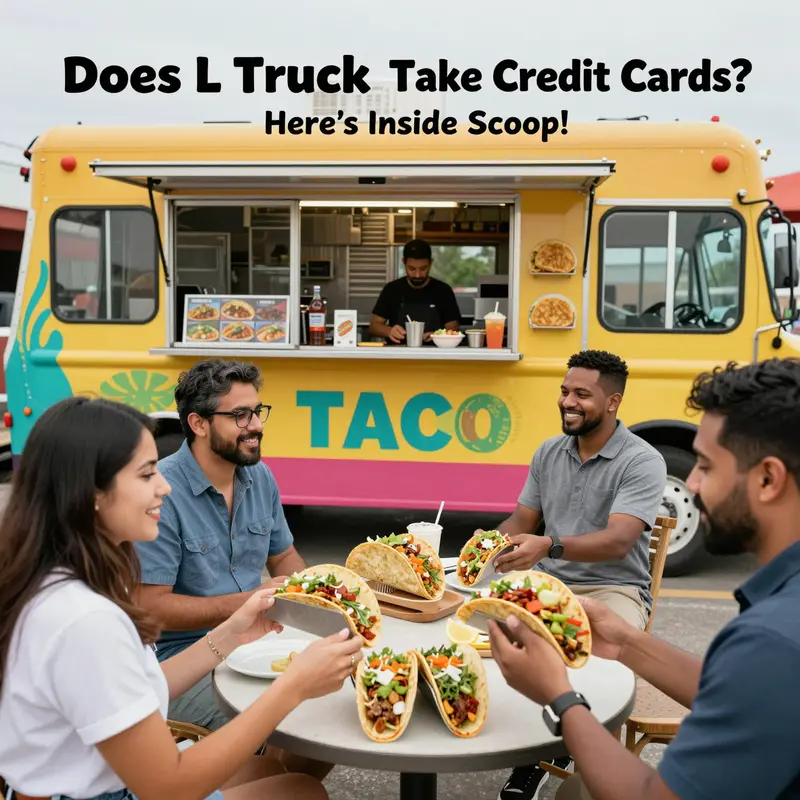 A bustling taco truck scene showcasing a variety of tacos and happy customers.