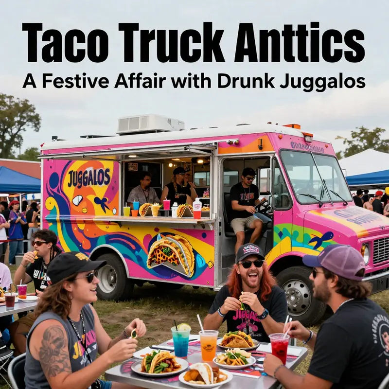 A taco truck vibrant with colors parked at a Juggalo gathering, surrounded by face-painted fans celebrating together.