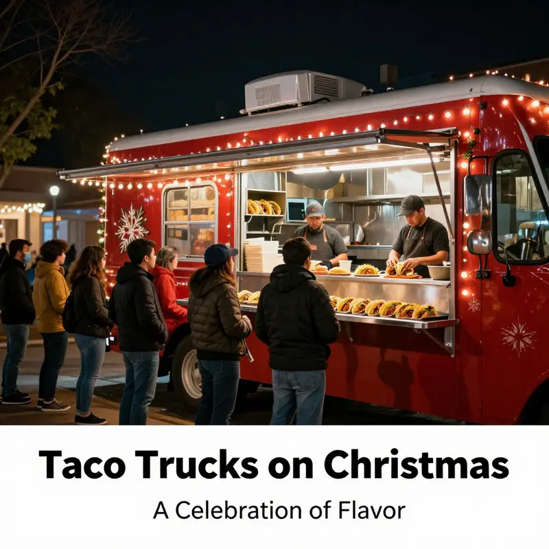 A lively taco truck scene decorated for Christmas, with customers enjoying tacos and holiday lights reflecting cheer.