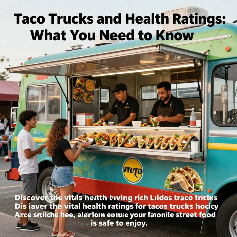 A colorful taco truck with happy customers enjoying tacos in a bustling urban setting.