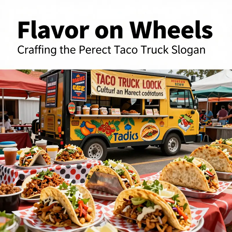 A taco truck with a vibrant slogan attracting a diverse audience.