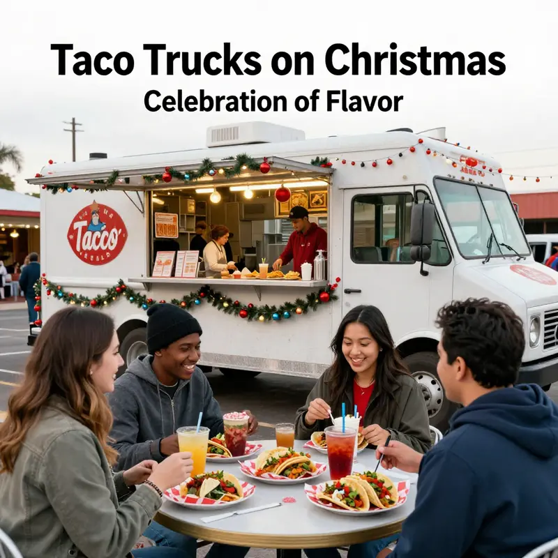 The festive atmosphere of taco trucks open on Christmas, showcasing cultural diversity and community spirit.