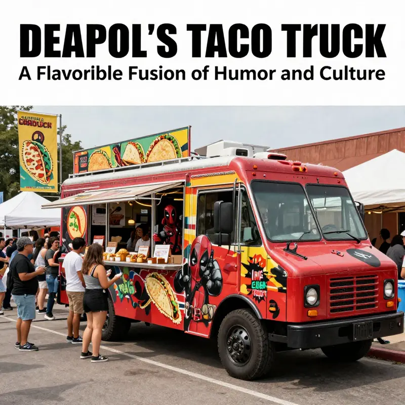 The Deadpool taco truck, a beloved cultural icon, brings joy and tacos to fans at a lively street food festival.