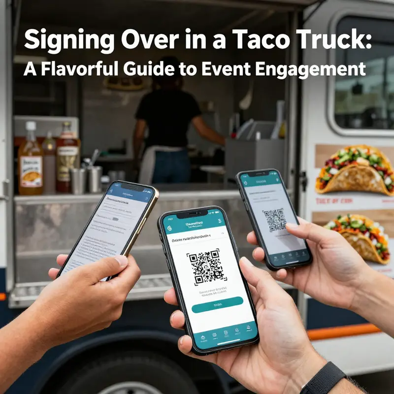 Guests checking in at a lively taco truck event, ready to indulge in delicious flavors.