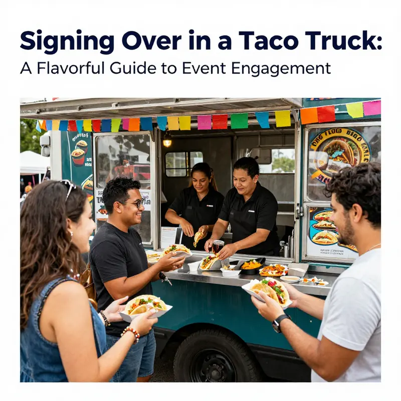 Guests checking in at a lively taco truck event, ready to indulge in delicious flavors.