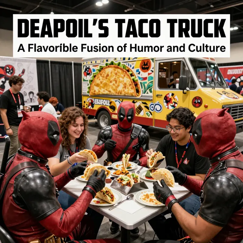 The Deadpool taco truck, a beloved cultural icon, brings joy and tacos to fans at a lively street food festival.