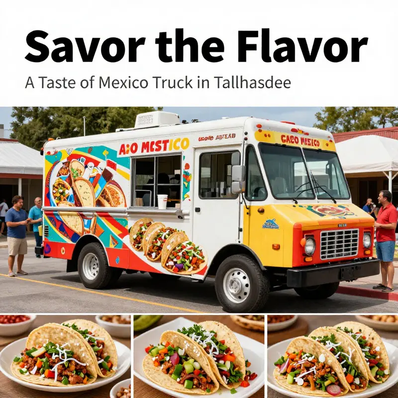 A colorful collage of the A Taste of Mexico Taco Truck, showcasing tacos and happy diners.