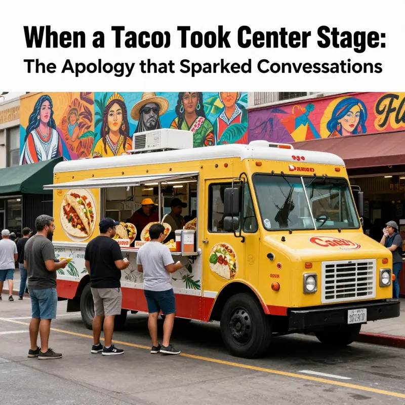 A bustling taco truck with colorful street art and diverse customers enjoying their meals, representing the cultural importance of street food.