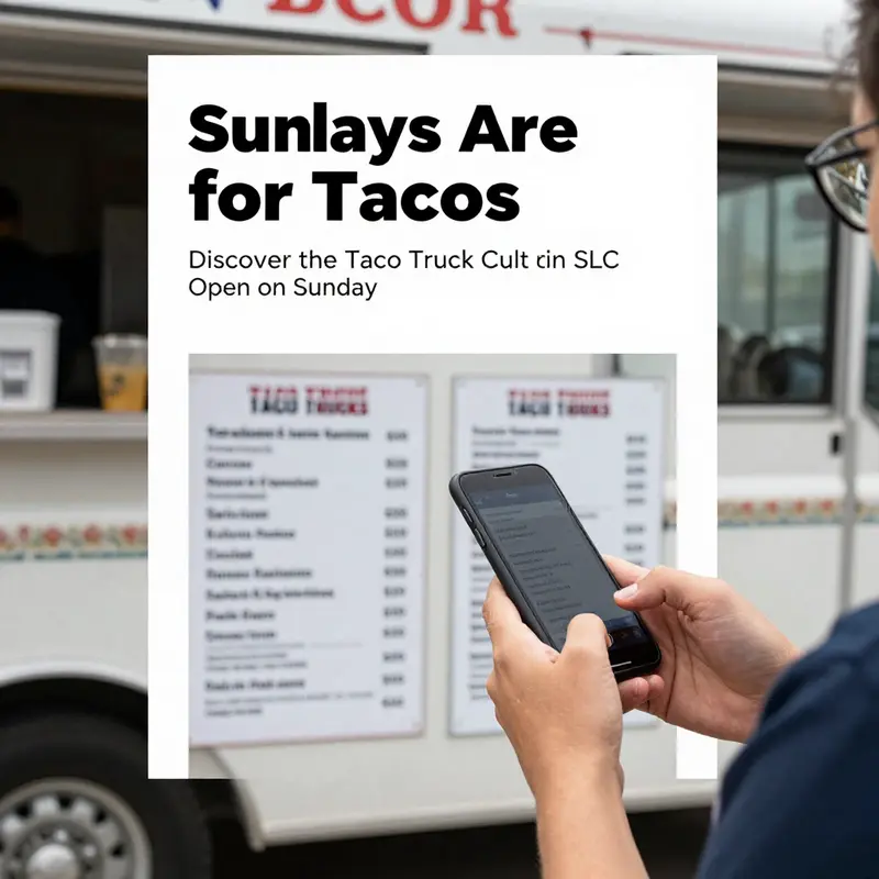 A lively taco truck scene capturing the essence of SLC’s food culture on a sunny Sunday.