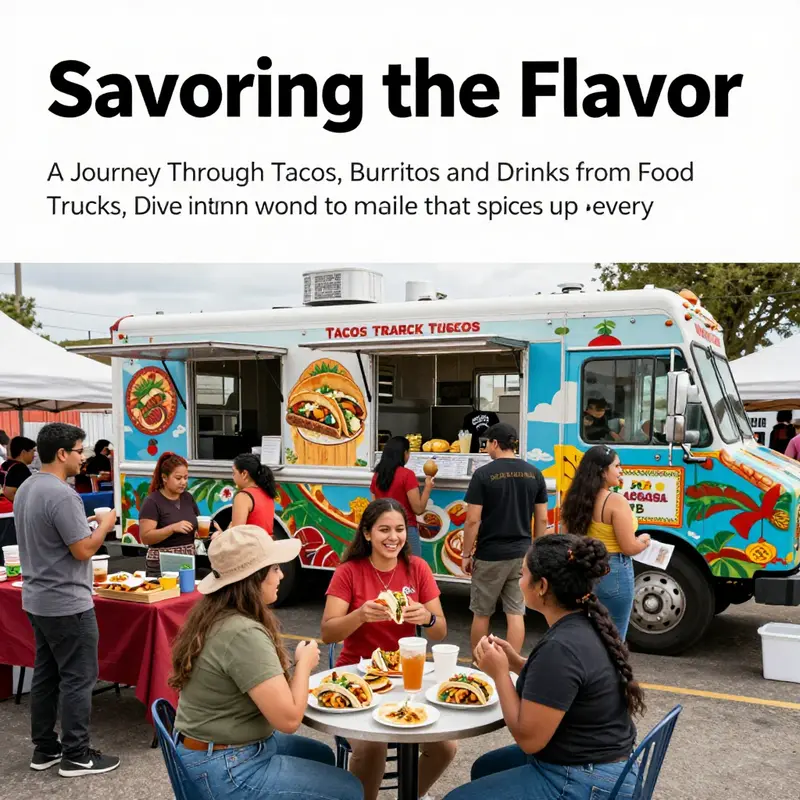 A bustling food truck festival showcasing diverse taco and burrito vendors serving enthusiastic customers in a festive atmosphere.