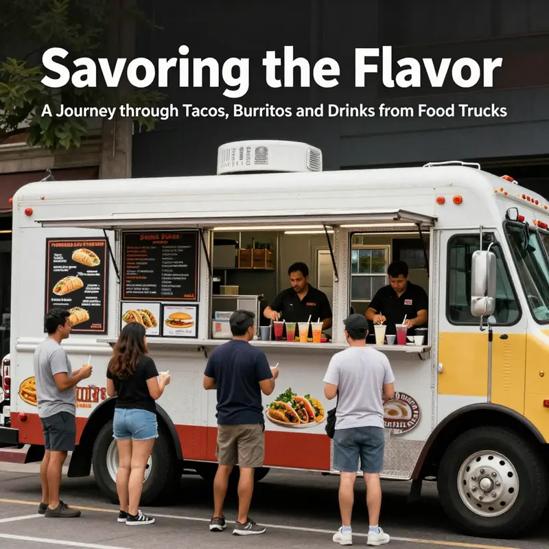 A vibrant display of mouthwatering tacos and burritos, paired with refreshing drinks, ready to satisfy cravings at an outdoor event.