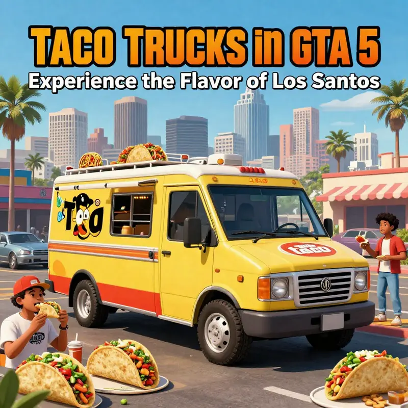 The Taco Van in GTA 5, with colorful characters enjoying tacos and the skyline of Los Santos in the background.