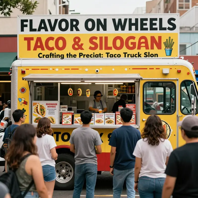 A taco truck with a vibrant slogan attracting a diverse audience.