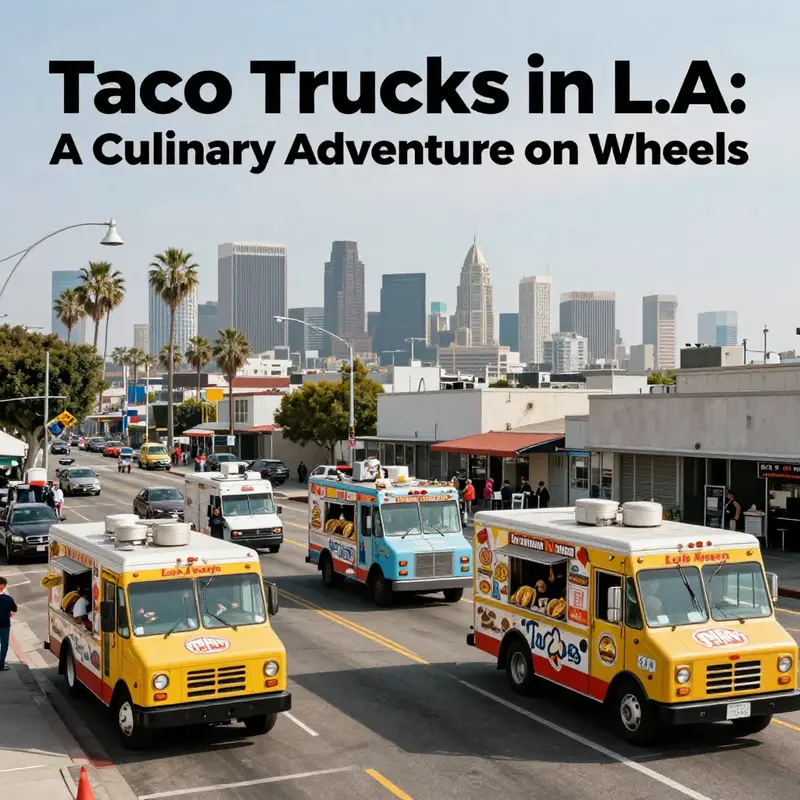 A panoramic view of LA streets filled with taco trucks and diners, reflecting the dynamic culture of food trucks in the city.