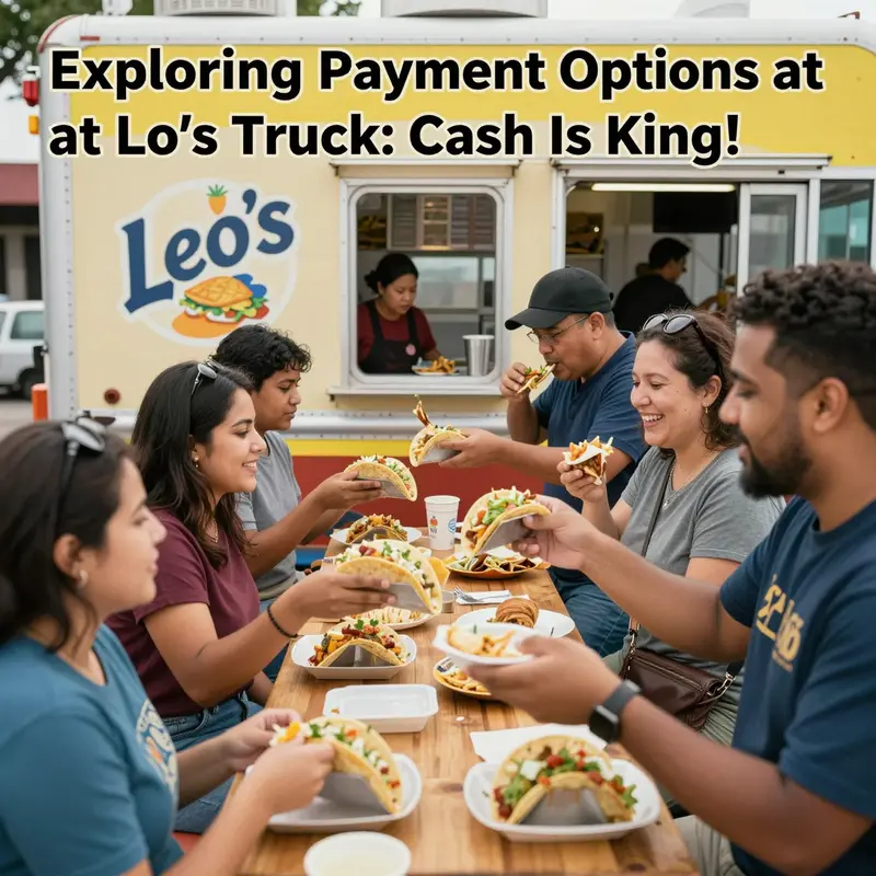 A dynamic scene at Leo's Taco Truck, showing chefs serving tacos to happy customers in a vibrant urban setting.