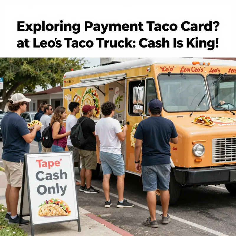 Customers eagerly waiting at Leo’s Taco Truck, reminded of its cash-only payment policy.