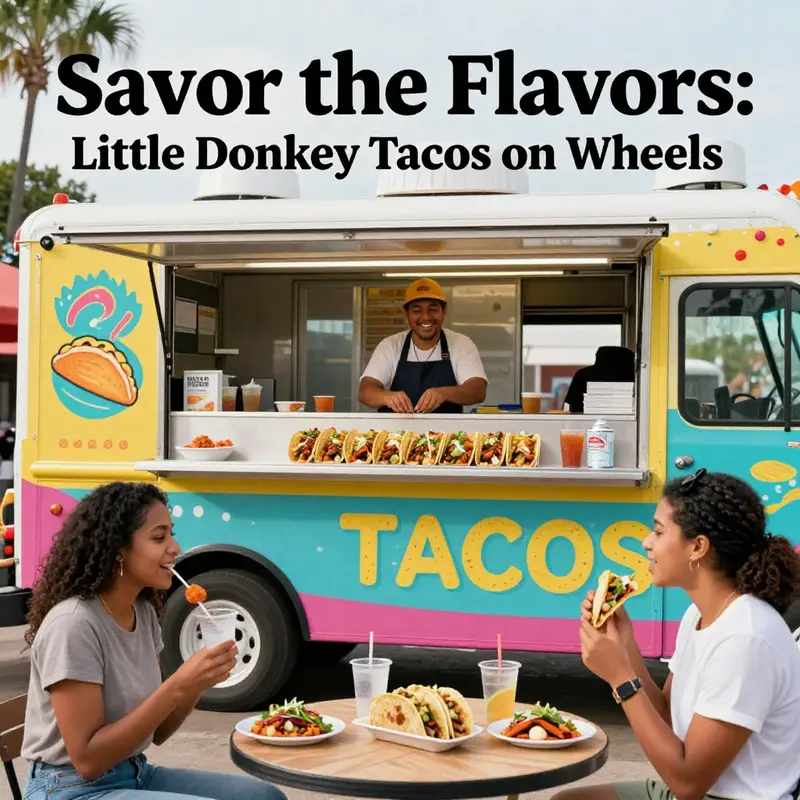 The Little Donkey Tacos Food Truck bustling with customers, showcasing the lively taco experience.