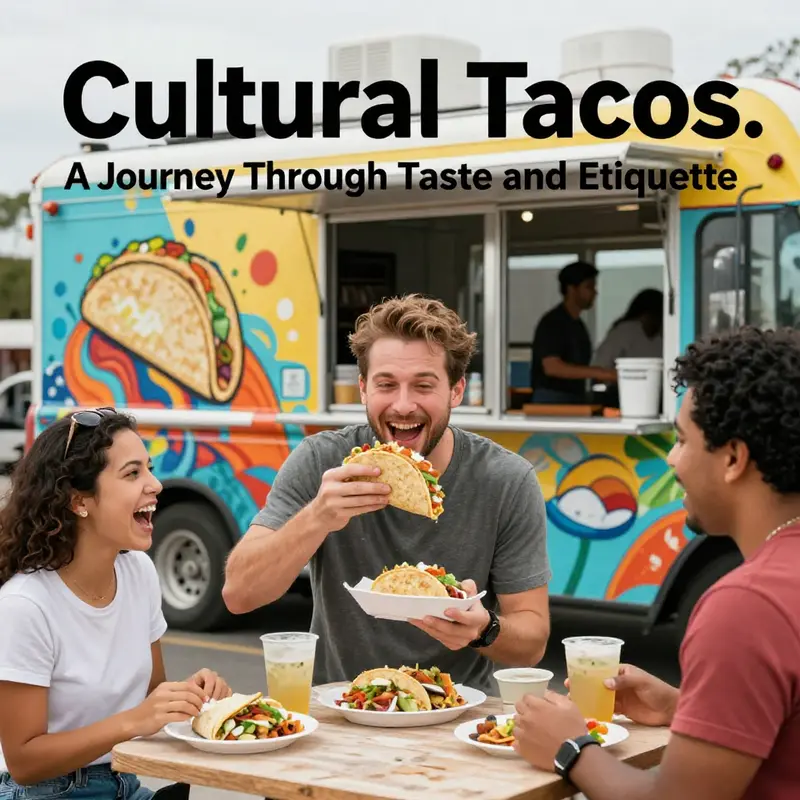 A joyful experience of a white man relishing tacos among a diverse crowd at a taco truck.