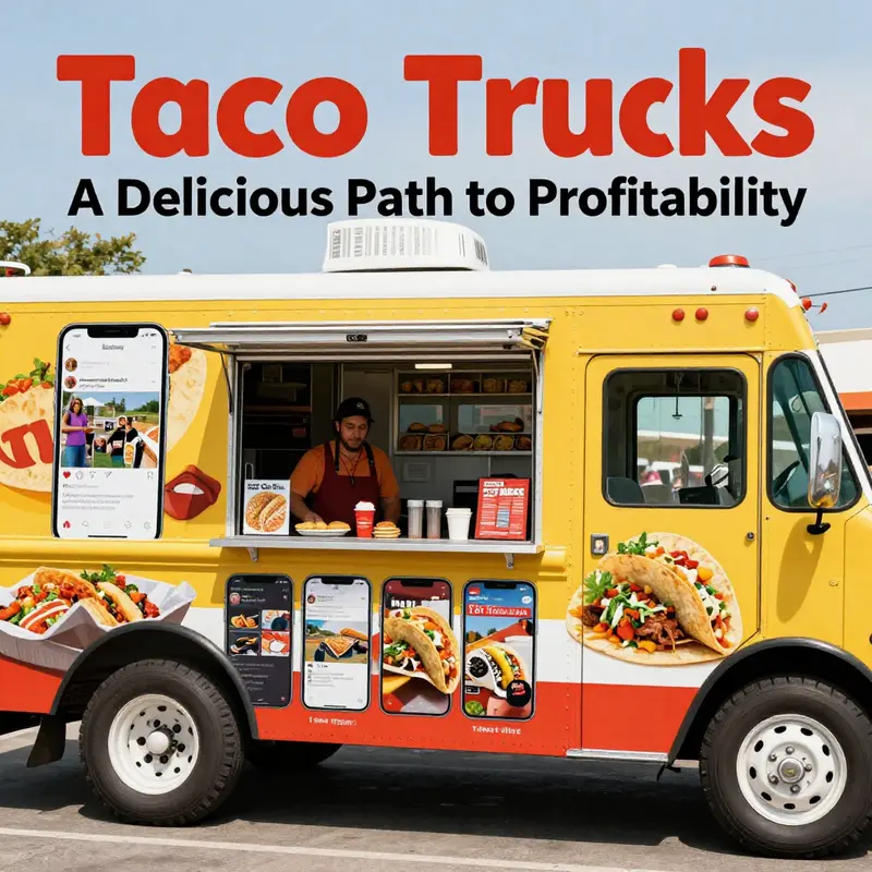 A busy taco truck serving happy customers, illustrating the active engagement and potential for profitability.