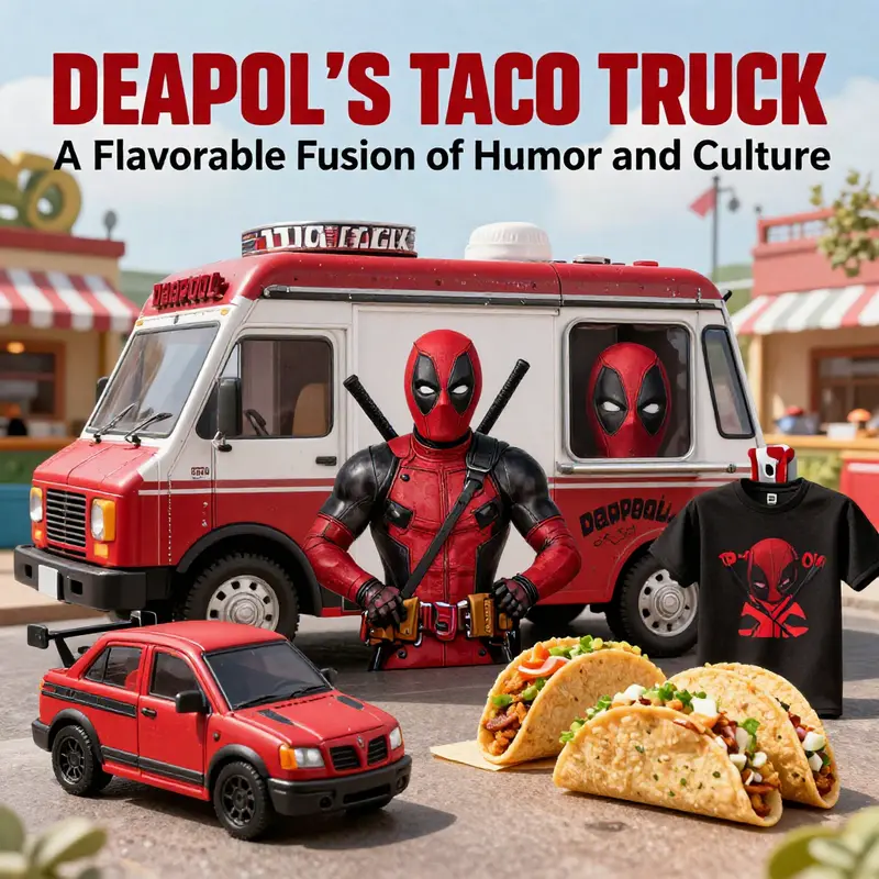 The Deadpool taco truck, a beloved cultural icon, brings joy and tacos to fans at a lively street food festival.