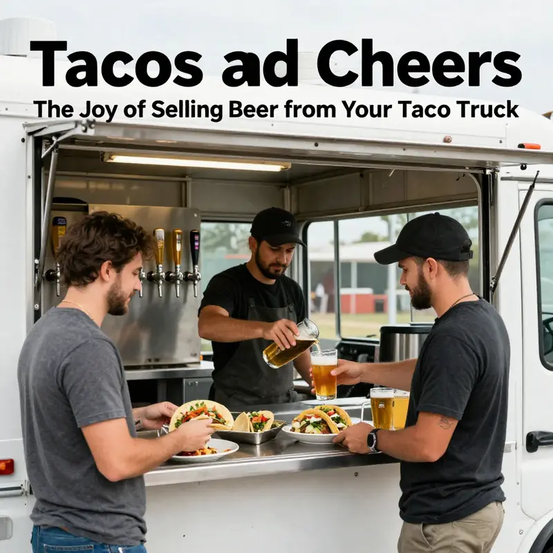 A taco truck operating with beer sales in a bustling city environment, highlighting legal compliance.