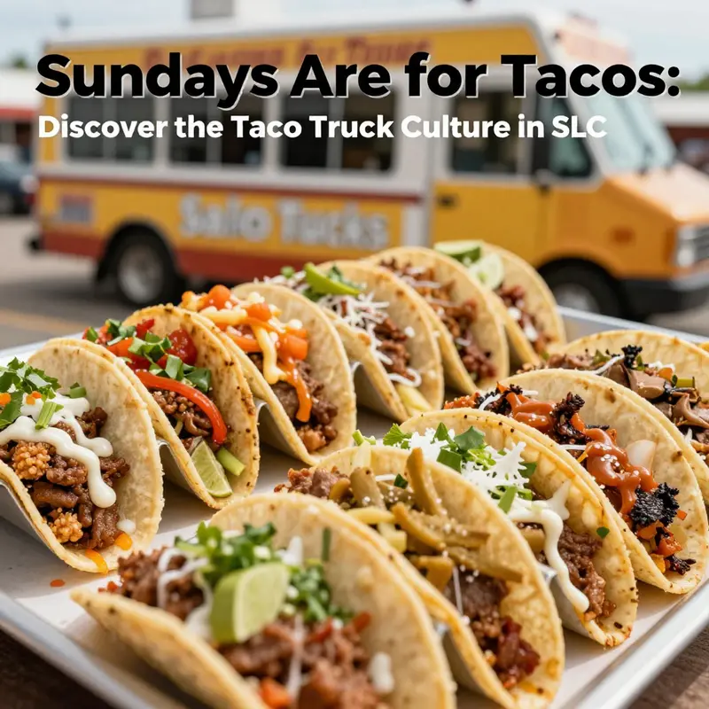A lively taco truck scene capturing the essence of SLC’s food culture on a sunny Sunday.