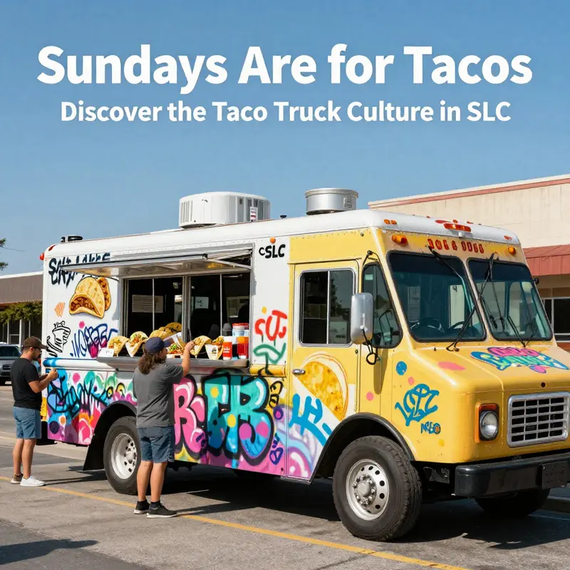 A lively taco truck scene capturing the essence of SLC’s food culture on a sunny Sunday.