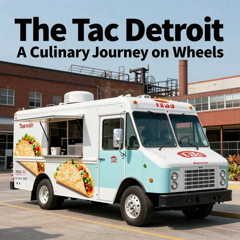 The Tac Detroit parked adjacent to a classic Detroit factory, symbolizing the fusion of automotive history and culinary culture.