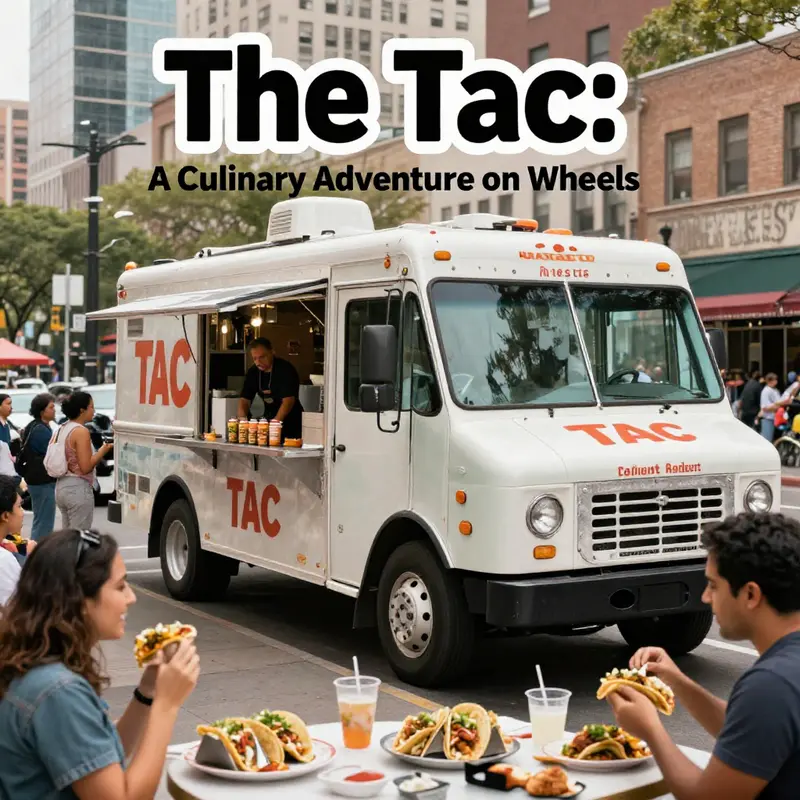 A colorful Tac truck in a lively urban environment, with customers enjoying tacos and the vibrant street food culture.