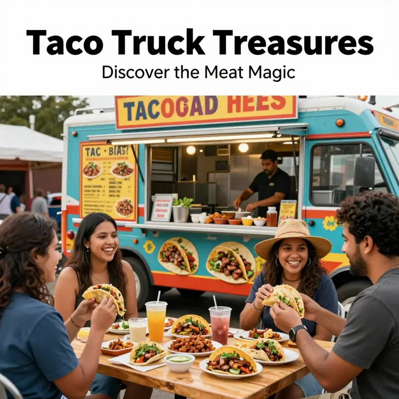 A busy taco truck with people enjoying their meals and a colorful display of ingredients and the menu.