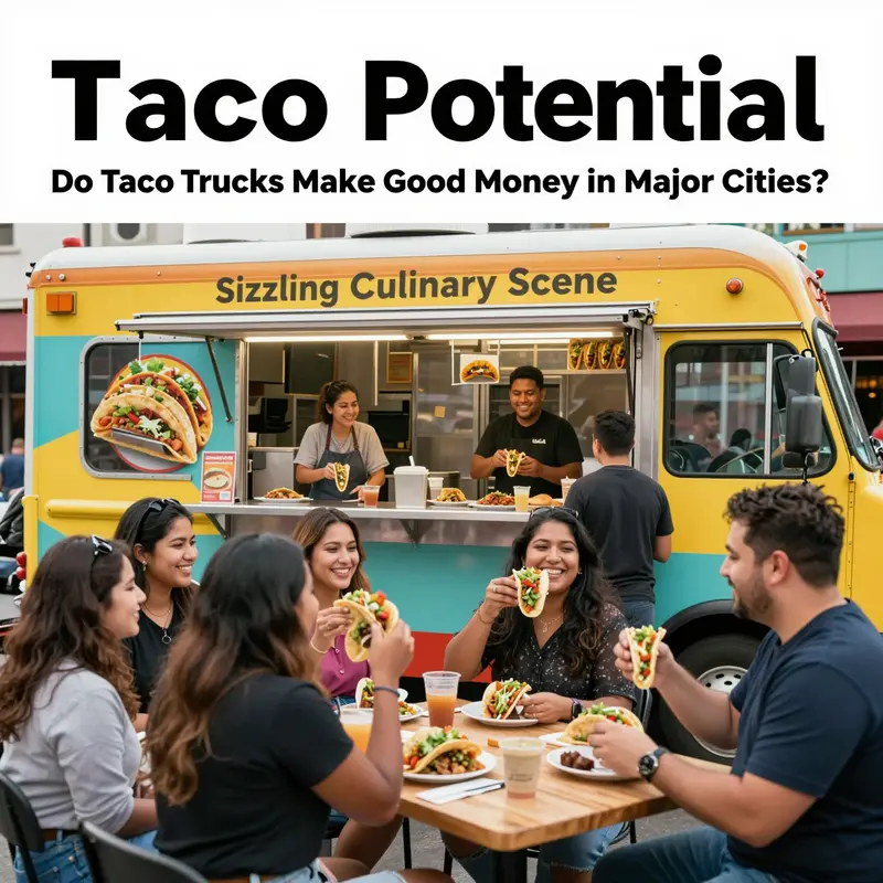 A busy taco truck in a metropolitan area serves diverse customers in a lively scene.