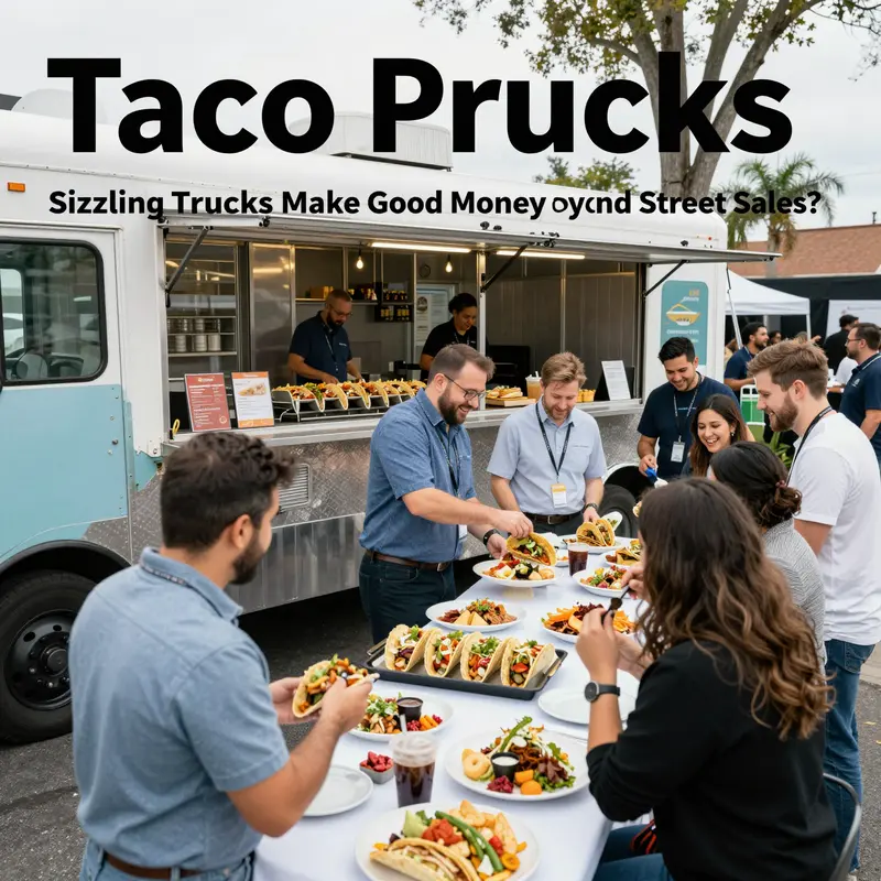 A busy taco truck in a metropolitan area serves diverse customers in a lively scene.