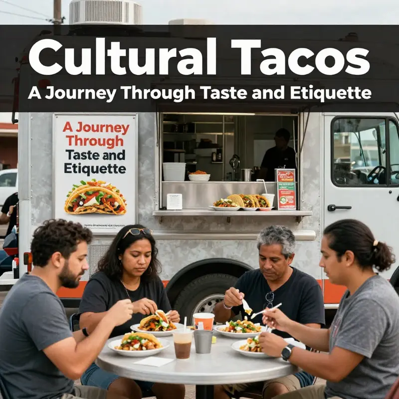 A joyful experience of a white man relishing tacos among a diverse crowd at a taco truck.