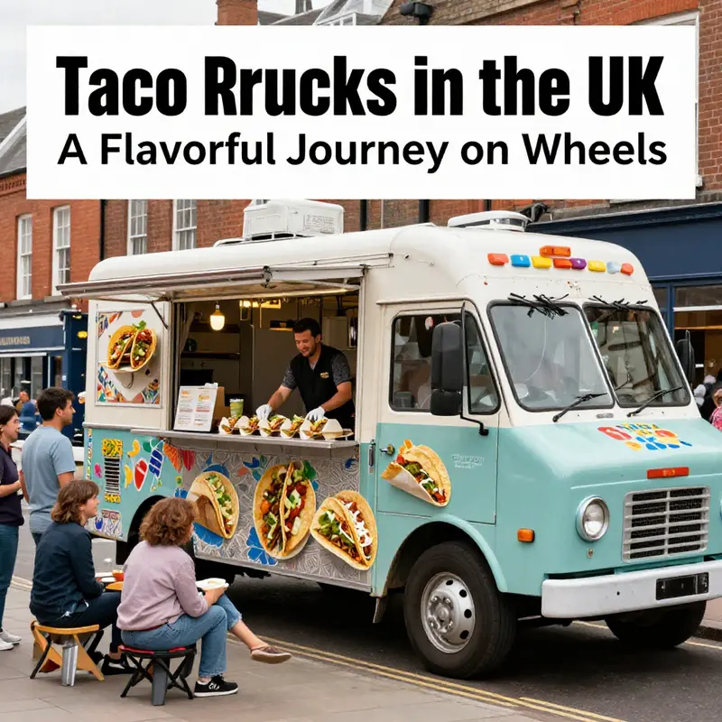 A vibrant taco truck bringing fresh tacos to a diverse crowd in the UK.